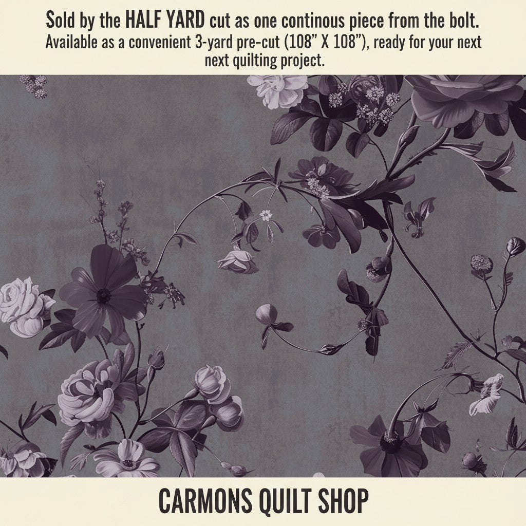 Carmon's Quilt Shop Vining Wisteria 108 inch wide backing fabric featuring elegant floral vines in purple tones.