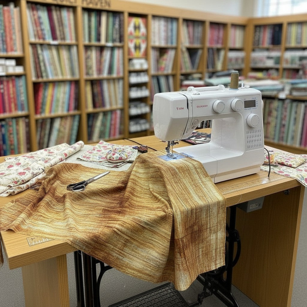 Carmon's Quilt Shop Panorama wood textured cotton fabric draped over a sewing machine in a fabric store