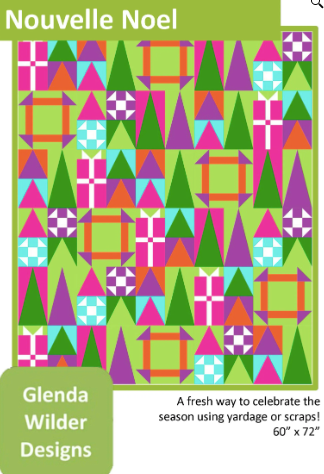 Colorful geometric patterned fabric with 'Nouvelle Noel' branding and design details.